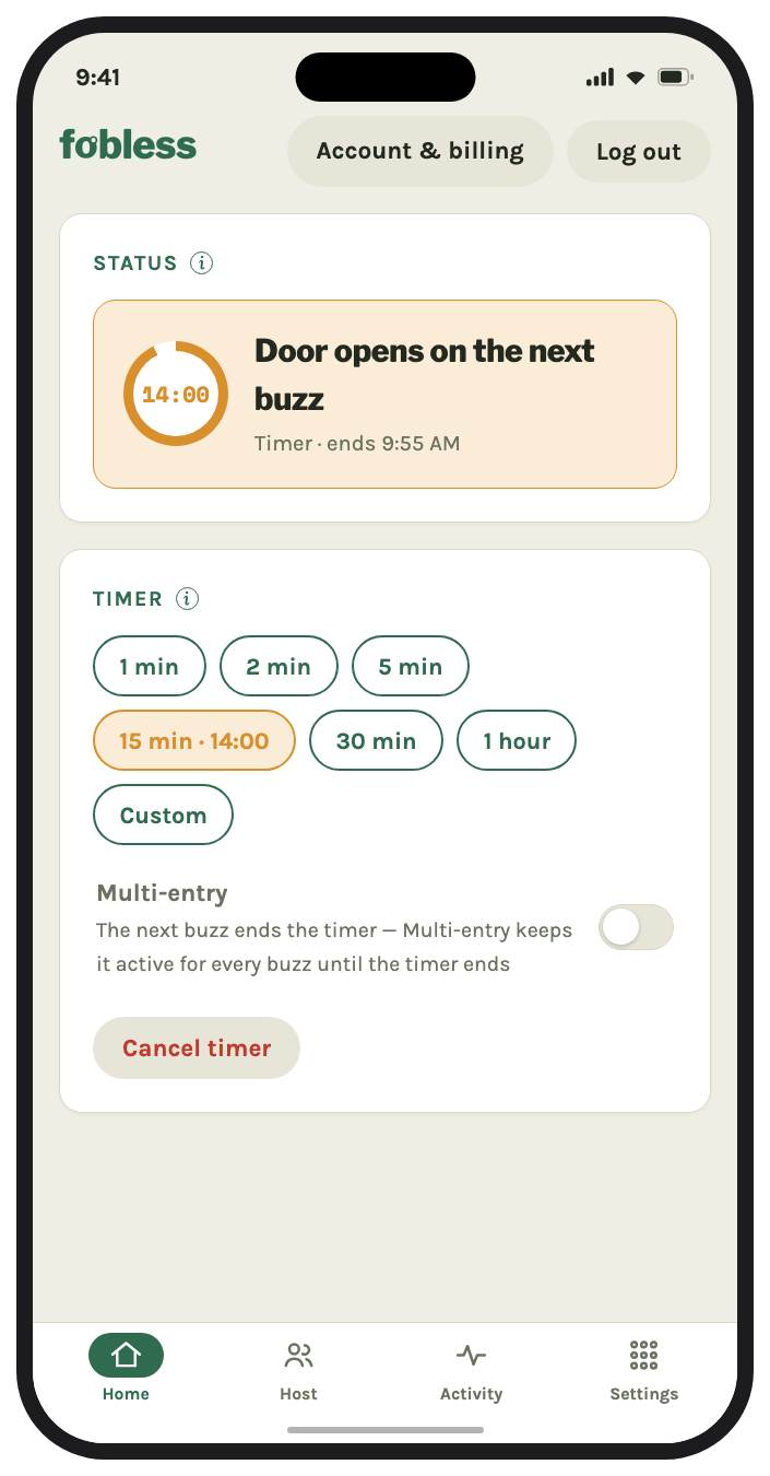 The Fobless app with the buzzer activated on a 14-minute timer
