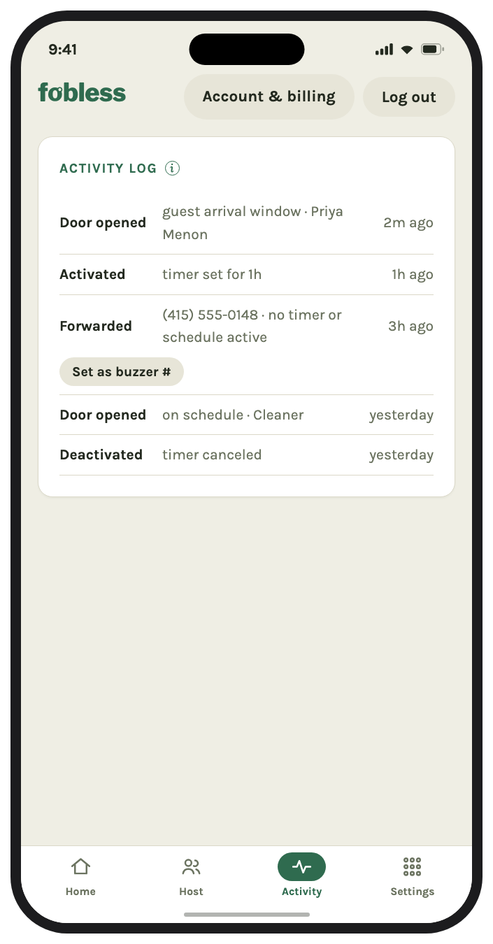 Fobless activity log showing door opens, a forwarded call, and a missed buzz
