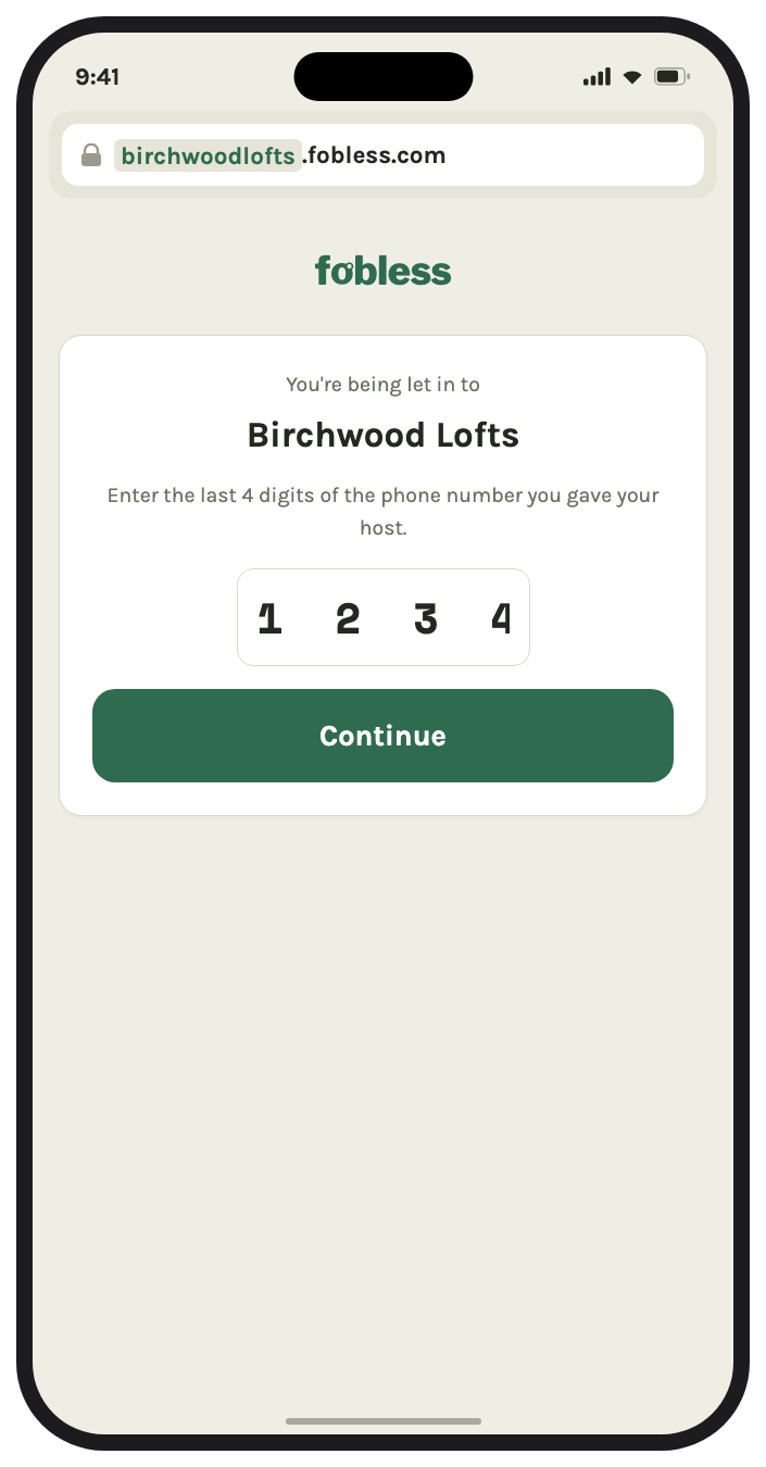 A guest opening the host's branded Fobless page at birchwoodlofts.fobless.com on their phone to check themselves in