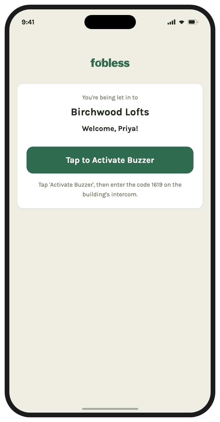A Fobless guest link page welcoming a visitor with an Activate Buzzer button