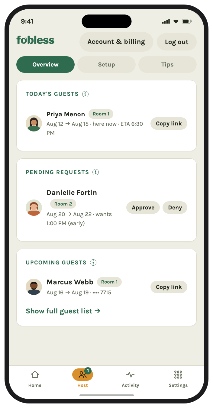 Fobless Pro guest list showing today's and upcoming Airbnb guests with photos, check-in dates, and early check-in approvals