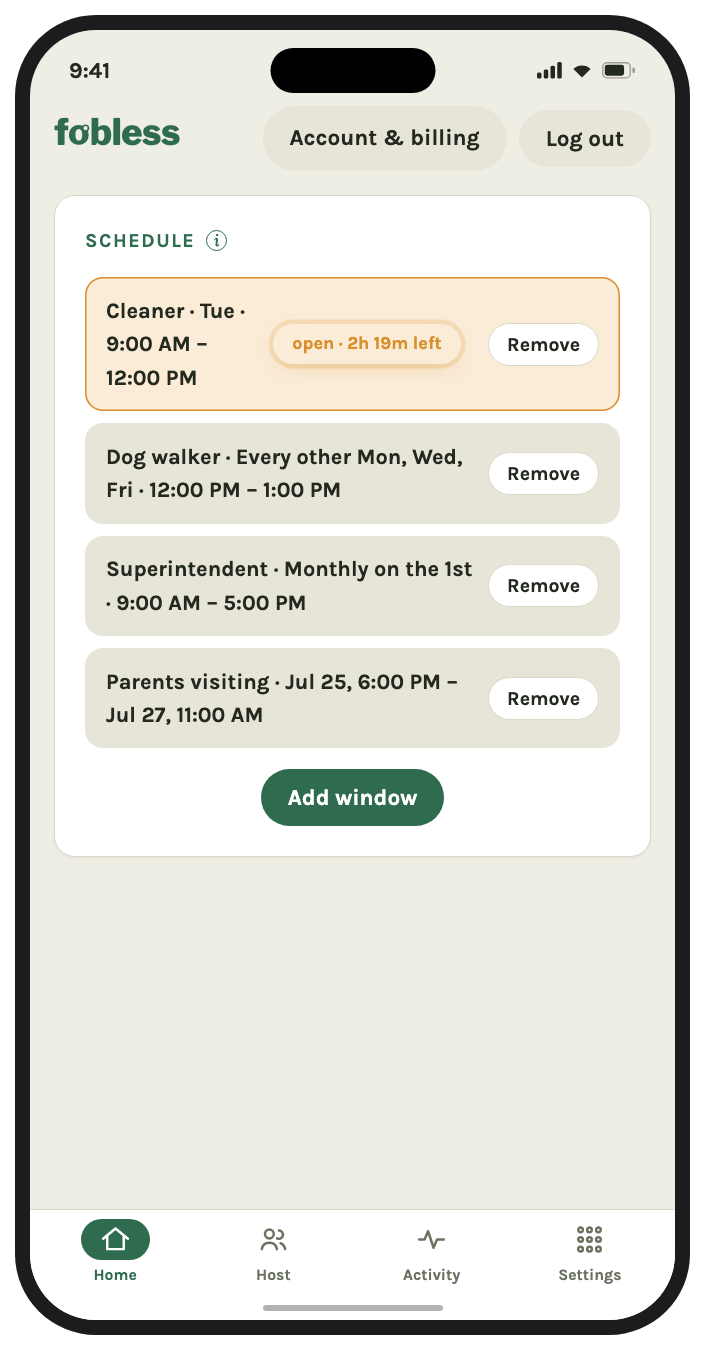 Fobless access schedule with recurring weekly windows for a dog walker and cleaner